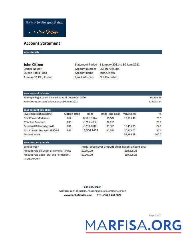Printable Jordan Bank of Jordan bank statement excel download for verification